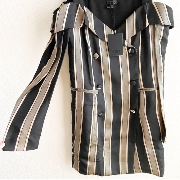 SOLD NBD Striped Off Shoulder Blazer Dress Black - Picture 2 of 7